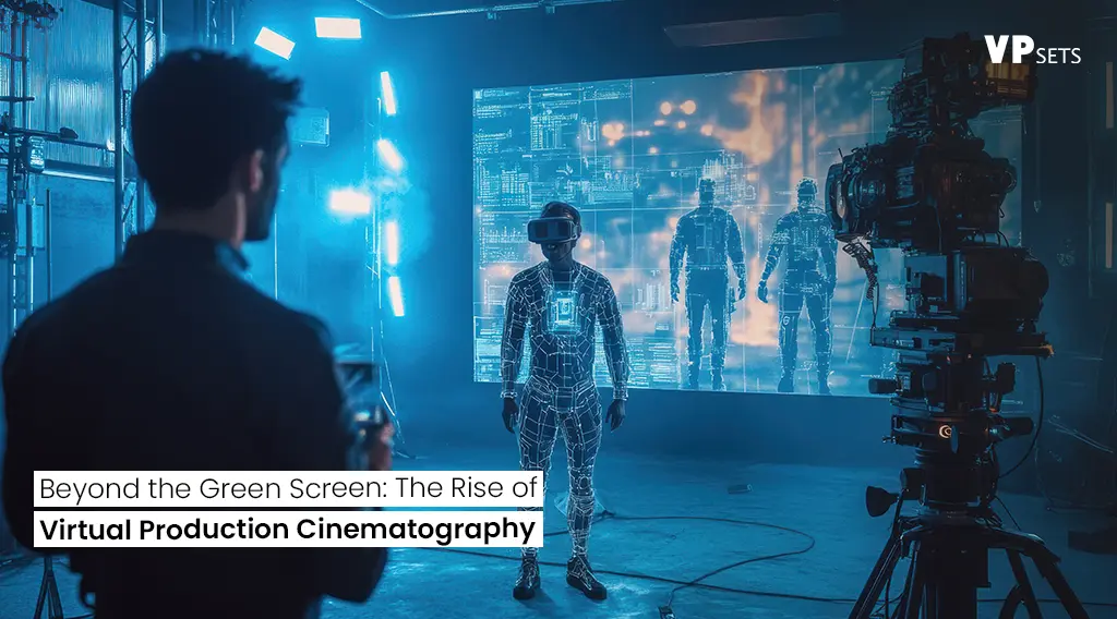 .Film crew uses virtual production with LED walls for realistic backdrops