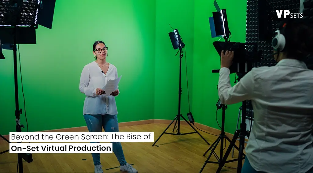 A modern film set featuring virtual production techniques, highlighting innovative technology beyond conventional green screens