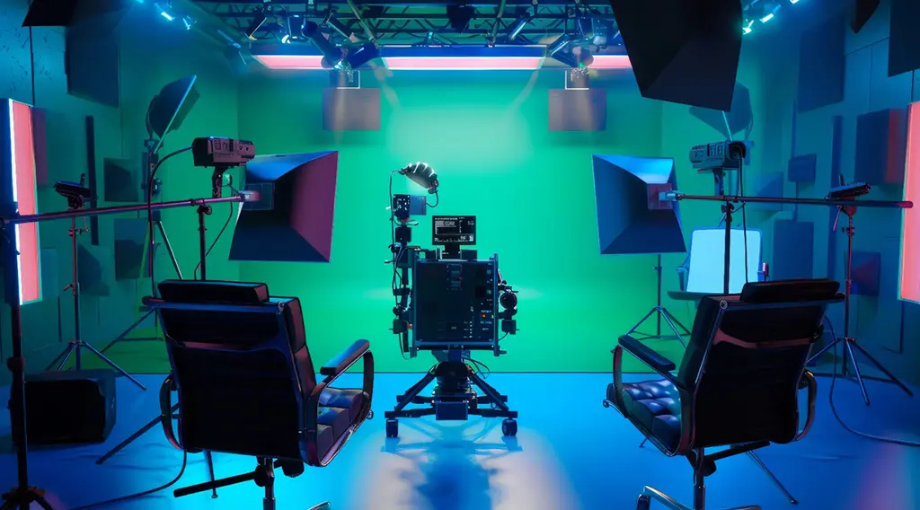 Virtual Production Setup with green screen, cameras, and lighting equipment on a film set.